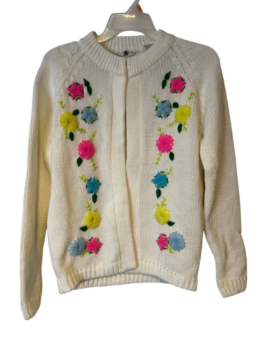 Vintage Knit Floral Cardigan Sweater Womens Medium Miss Holly White Acrylic Summ
